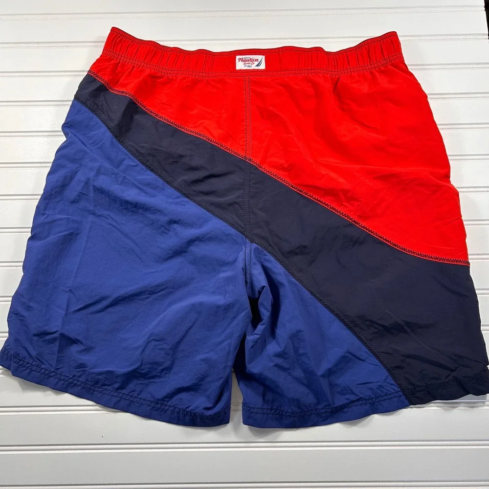 Nautica Colorblock Lined Swim Trunks Mens XL Red Navy Blue Quick Dry Mesh T14600